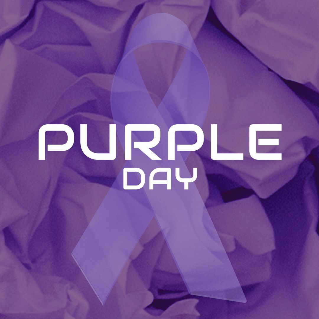 Composition of purple day text and purple ribbon on purple background - Download Free Stock Templates Pikwizard.com