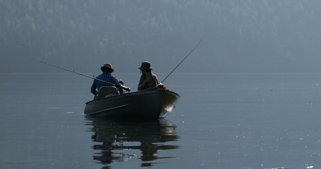 Two middle-aged men enjoy a peaceful fishing trip on a serene lake, with  copy space from Pikwizard