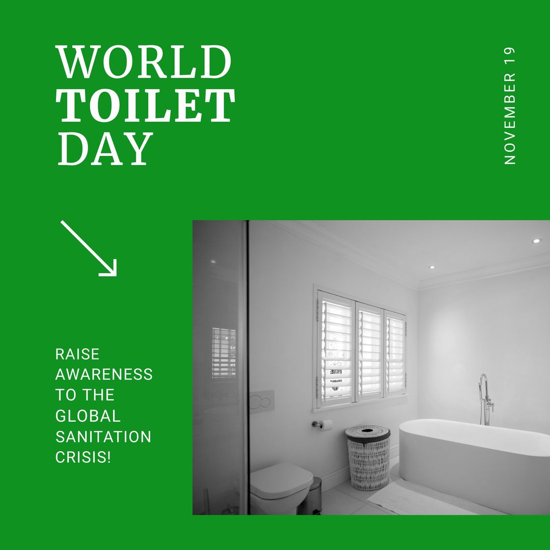 Digital composite image of world toilet day text at white bathroom in green frame, copy space - Download Free Stock Templates Pikwizard.com