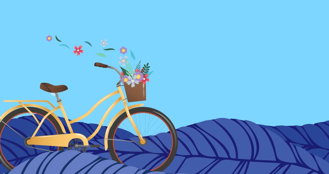Illustration of yellow bicycle with flowers in basket on vector leaves against blue background - Free Images, Stock Photos and Pictures on Pikwizard.com