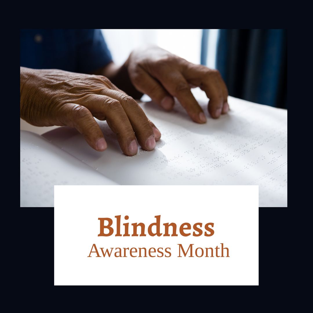 Composition of blindness awareness month text over hands reading braille - Download Free Stock Templates Pikwizard.com