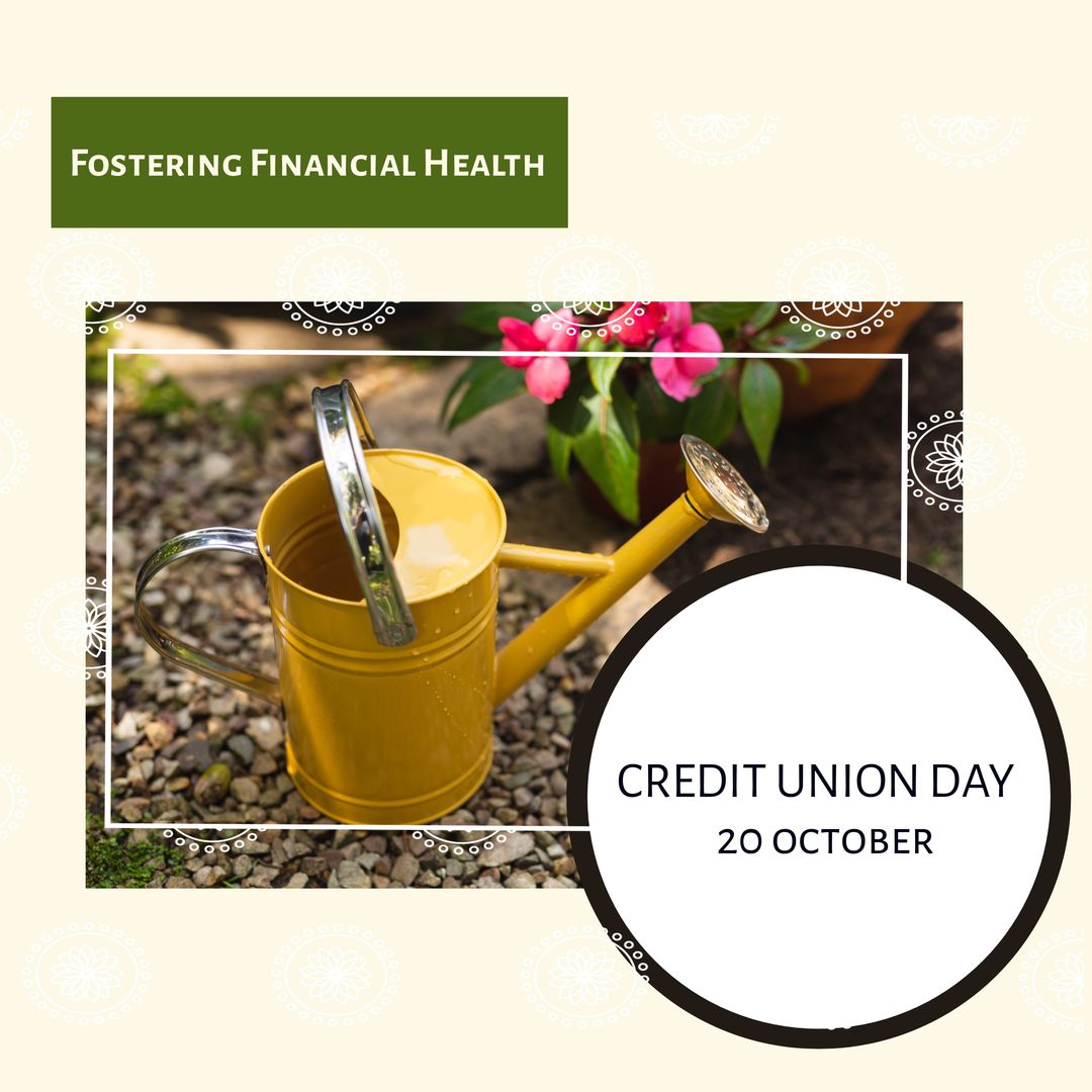 Composition of credit union day text over watering can in garden - Download Free Stock Templates Pikwizard.com