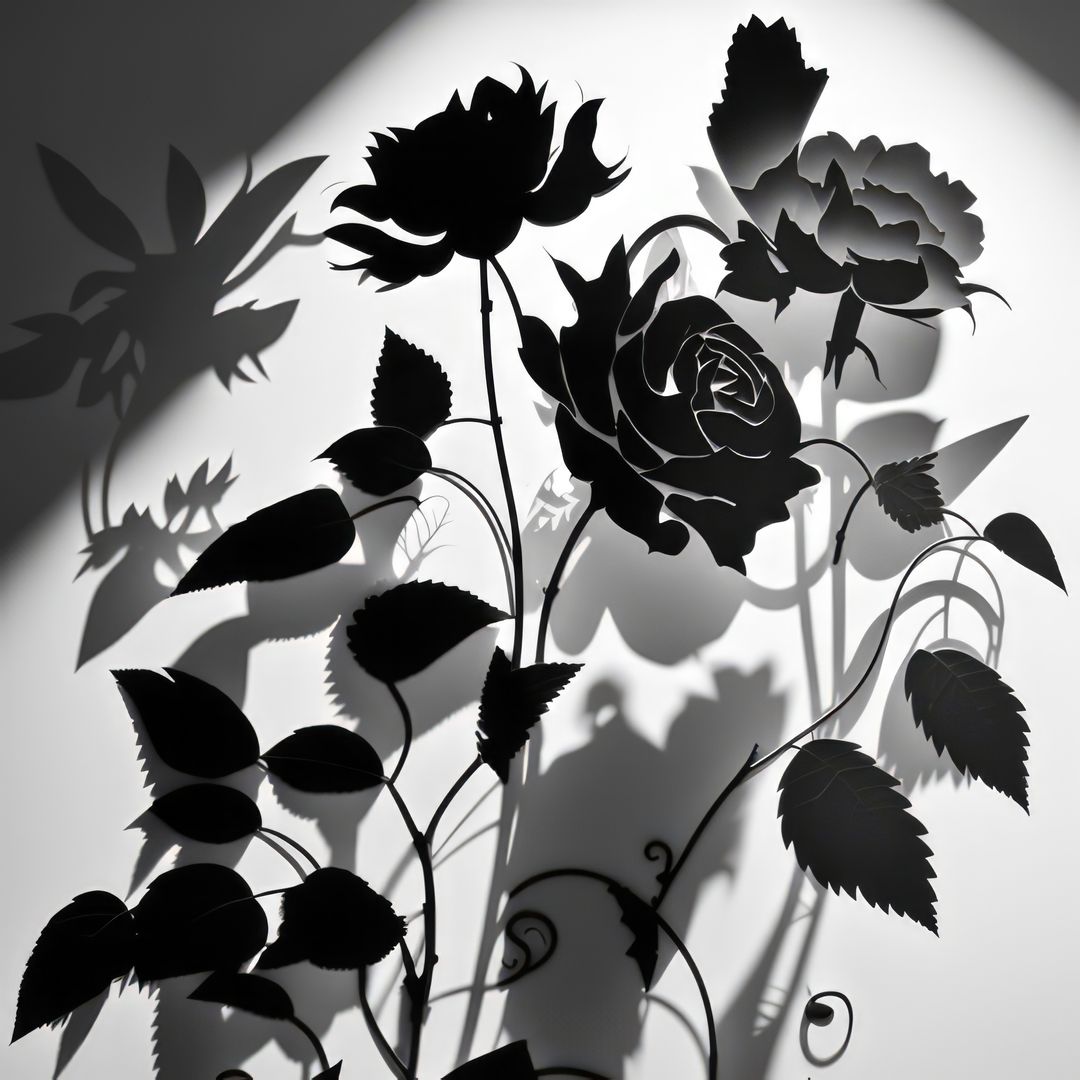 Close up of black flower silhouettes on white background, created using  generative ai technology from Pikwizard
