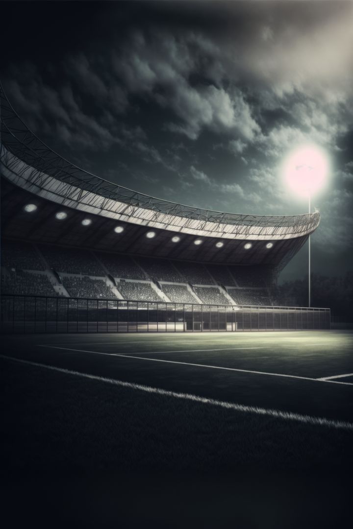 Football stadium with seats and lights over sky with clouds