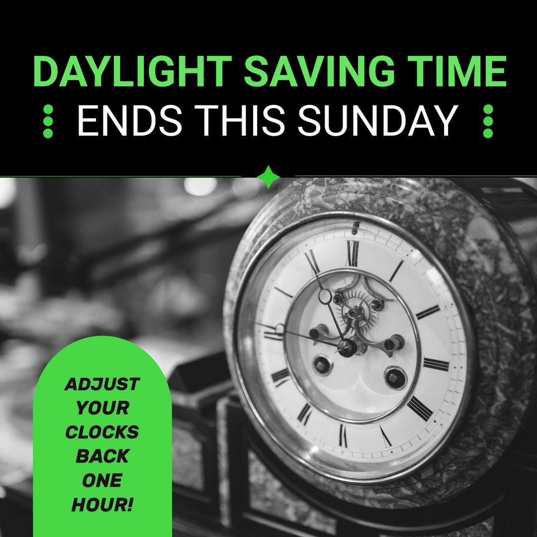 Composition of end of daylight saving time text over clock - Download Free Stock Templates Pikwizard.com