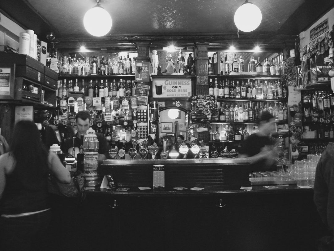 Black and White Image from the Inside of a Pub