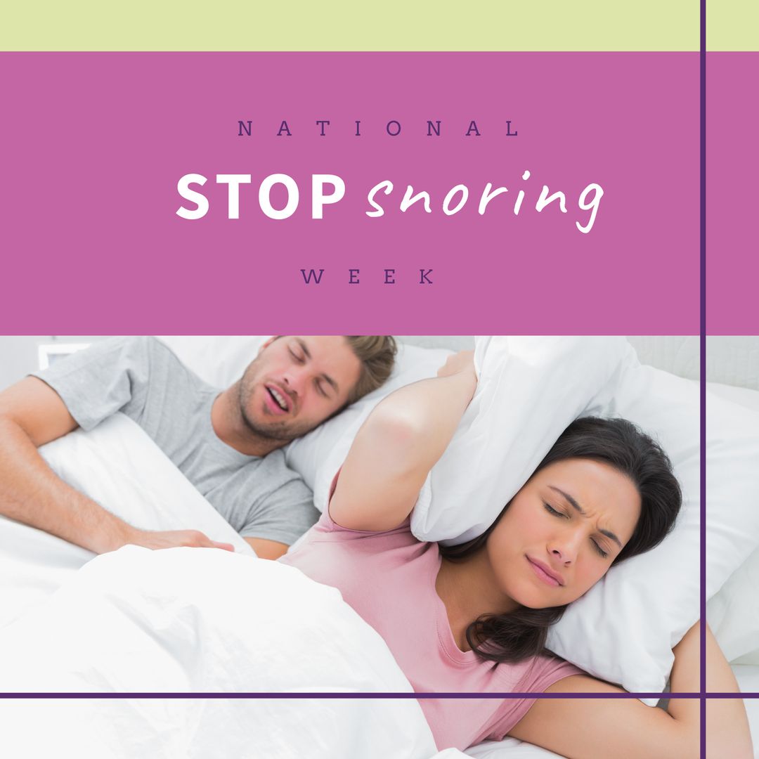 Image of national stop snoring week text over caucasian couple in bed ...