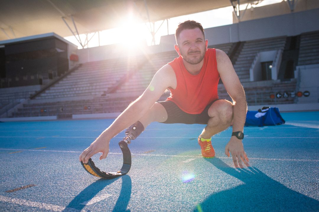 Photo of caucasian disabled woman in sportswear with prosthetic