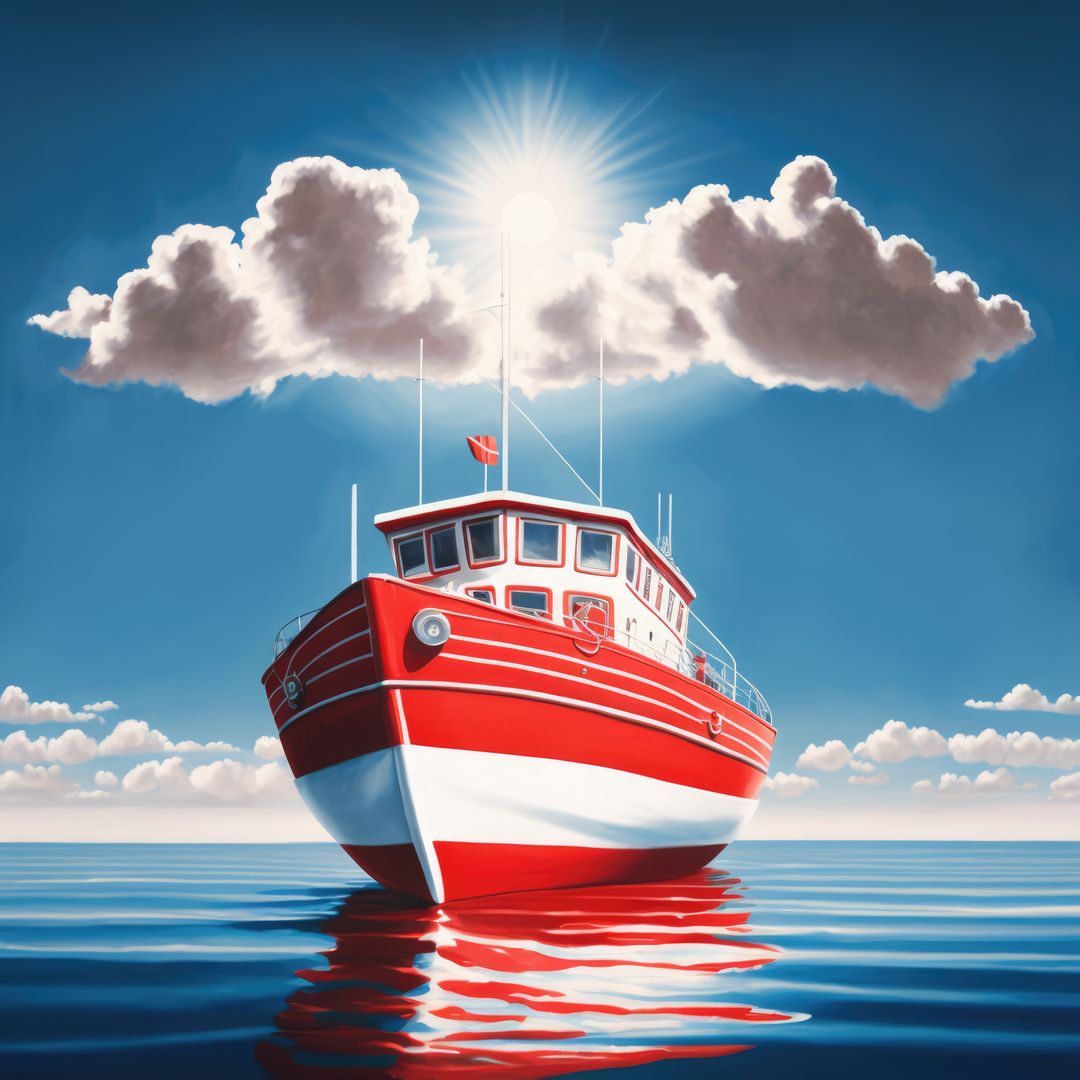 Image of red boat on sea over clouds and blue sky, created using generative ai technology - Free Images, Stock Photos and Pictures on Pikwizard.com