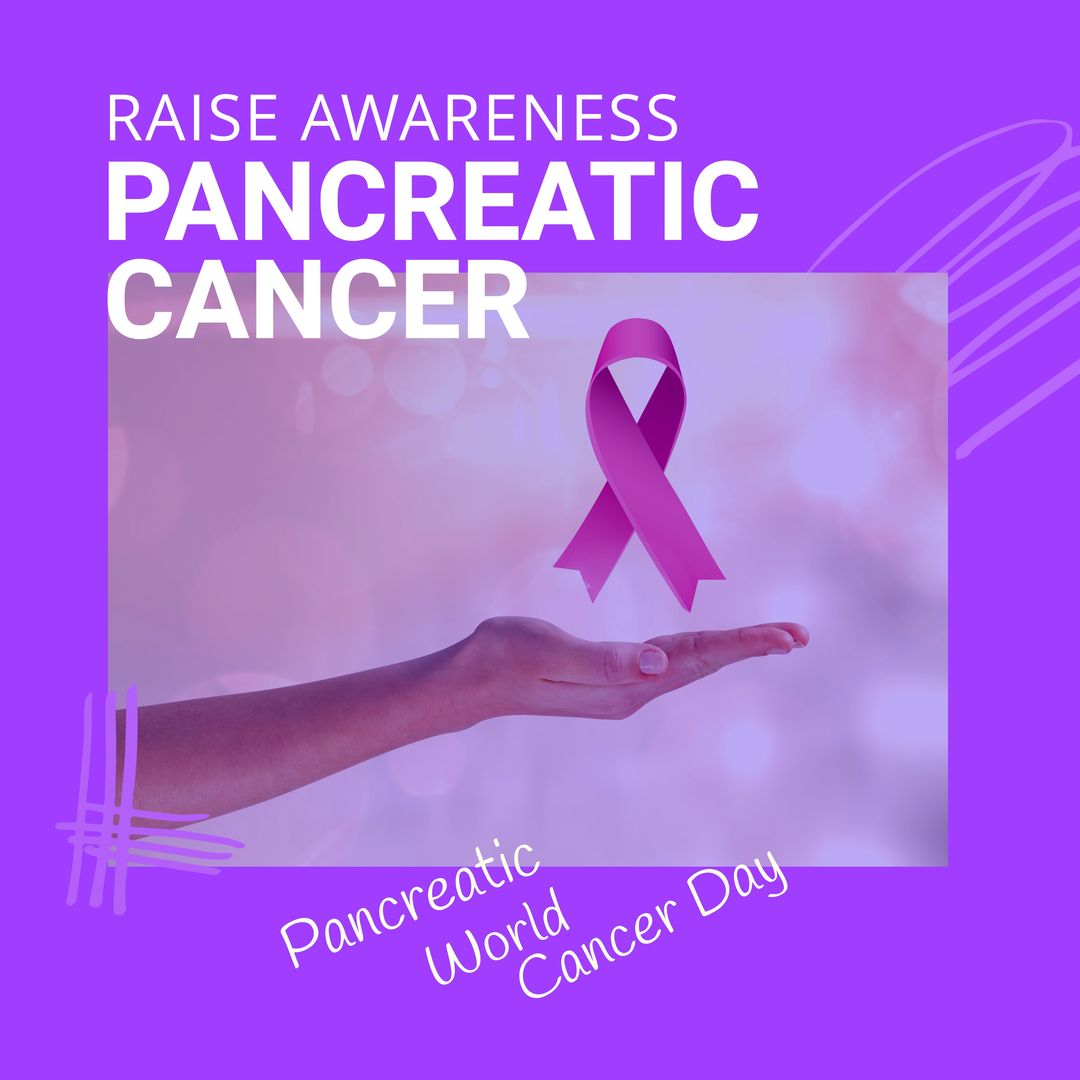 Composition of world pancreatic cancer day text with hand holding pink ribbon on purple background - Download Free Stock Templates Pikwizard.com