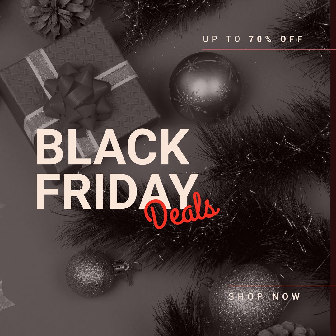Composition of up to 70 percent off black friday deals shop now text over present and decorations - Download Free Stock Templates Pikwizard.com