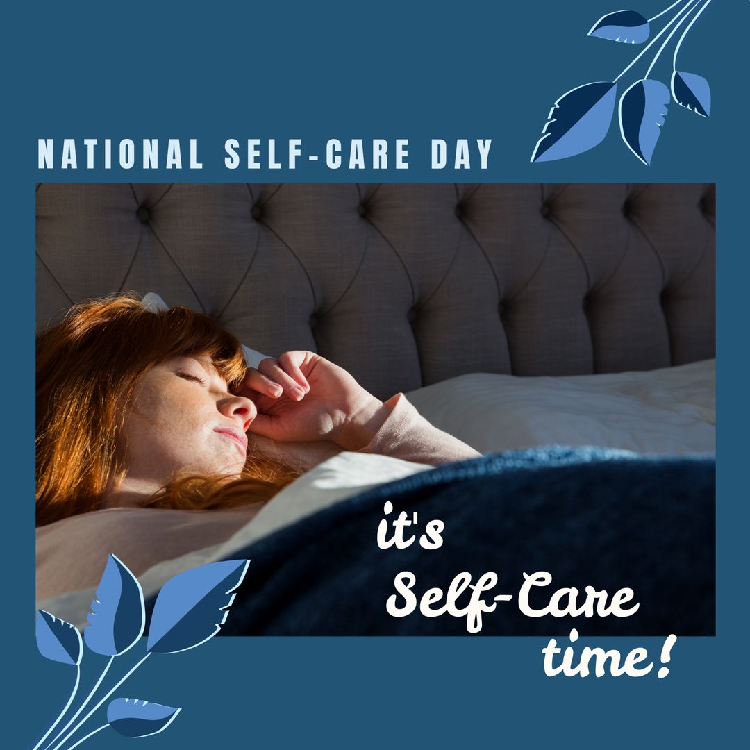 Composition of national self-care day text over caucasian woman lying on bed - Download Free Stock Templates Pikwizard.com