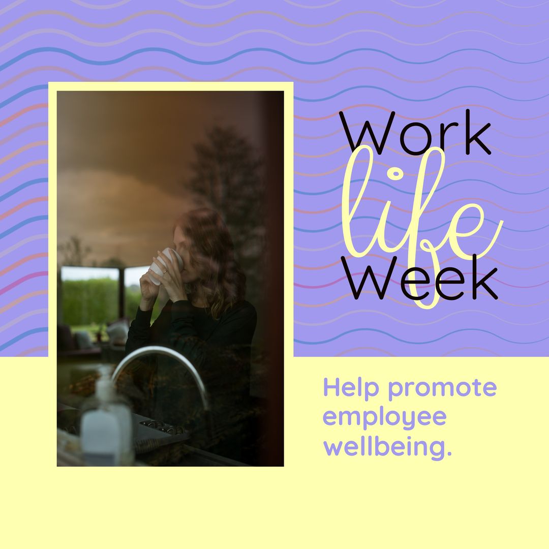 Image of work life balance week over caucasian woman drinking coffee - Download Free Stock Templates Pikwizard.com