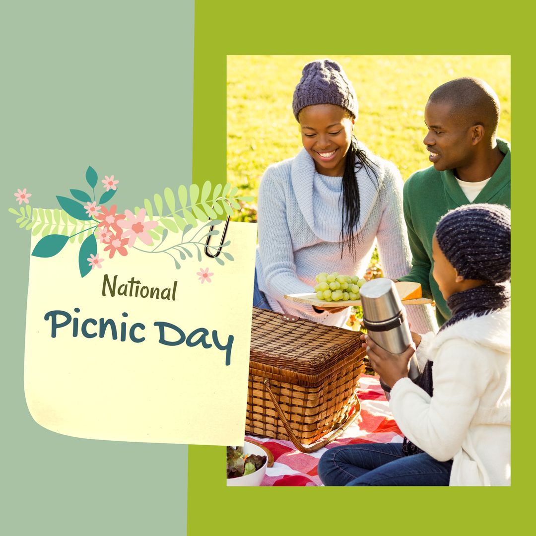 Composite of african american family enjoying picnic with flower vector and national picnic day text - Download Free Stock Templates Pikwizard.com