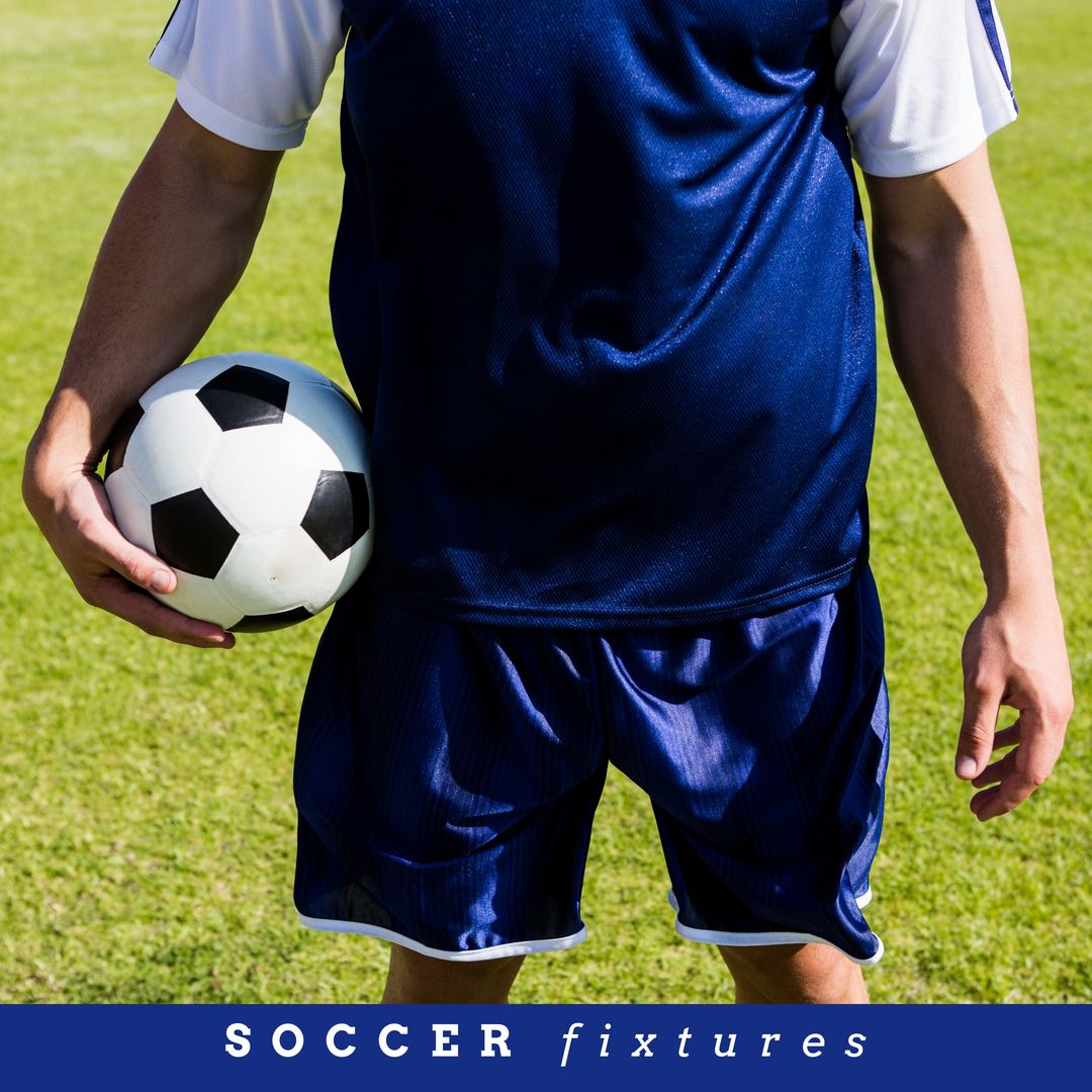 Composition of soccer fixtures text with caucasian football player with football on pitch - Download Free Stock Templates Pikwizard.com