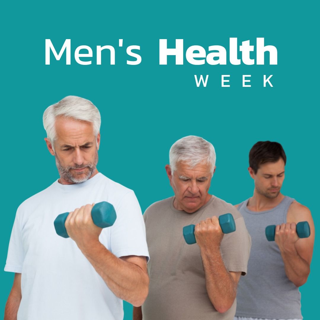 Men's health week text on caucasian men exercising with dumbbells against blue background - Download Free Stock Templates Pikwizard.com