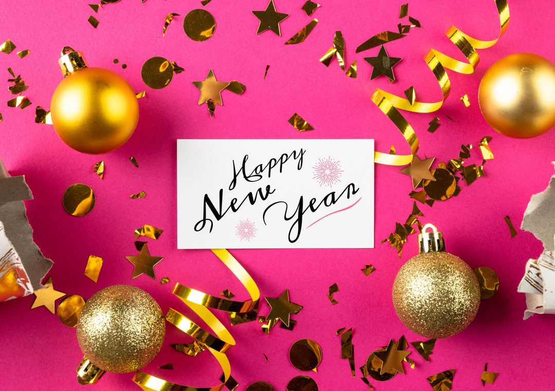 Image of happy new year, confetti and baubles on pink background - Download Free Stock Templates Pikwizard.com