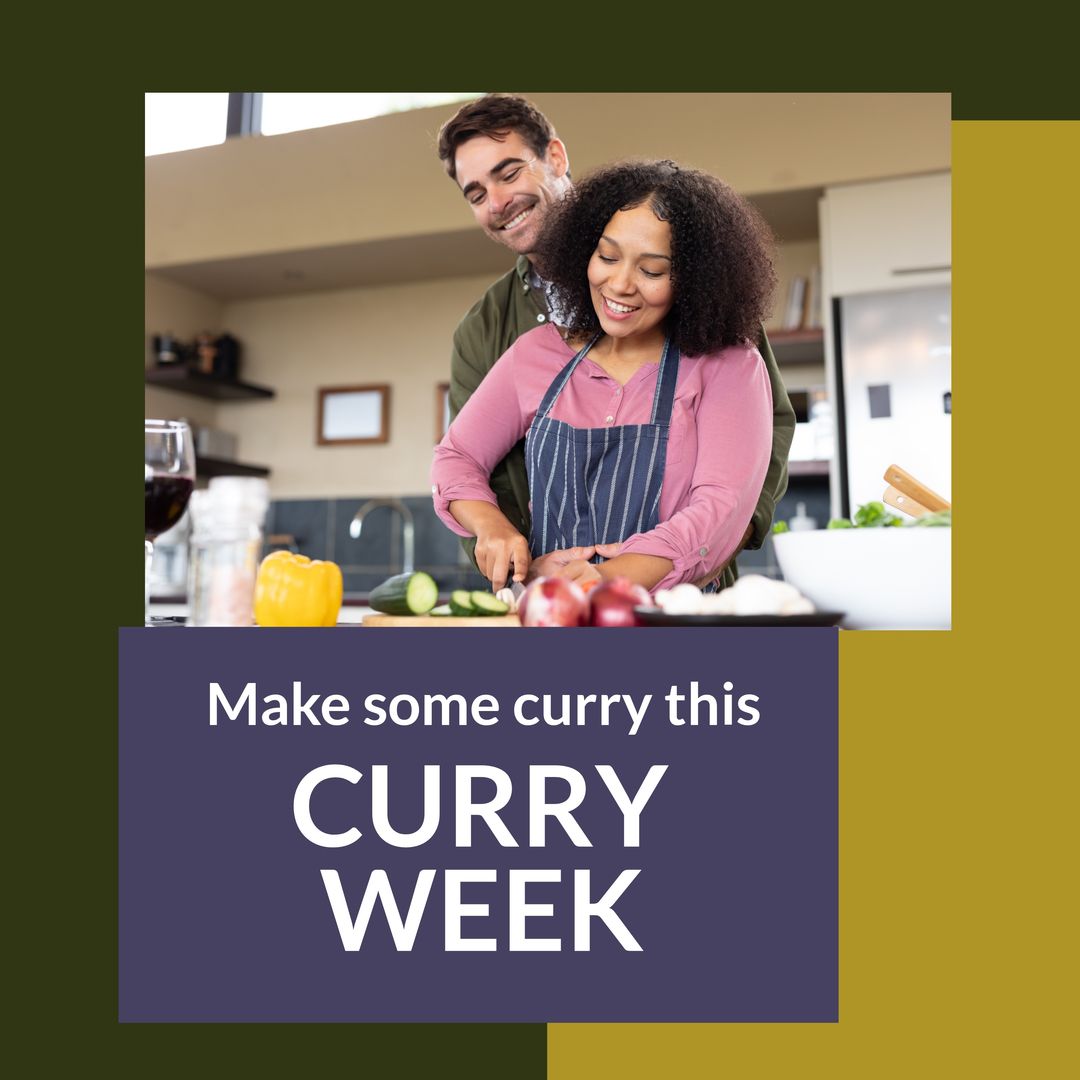 Image of curry week over happy diverse couple cooking in kitchen - Download Free Stock Templates Pikwizard.com