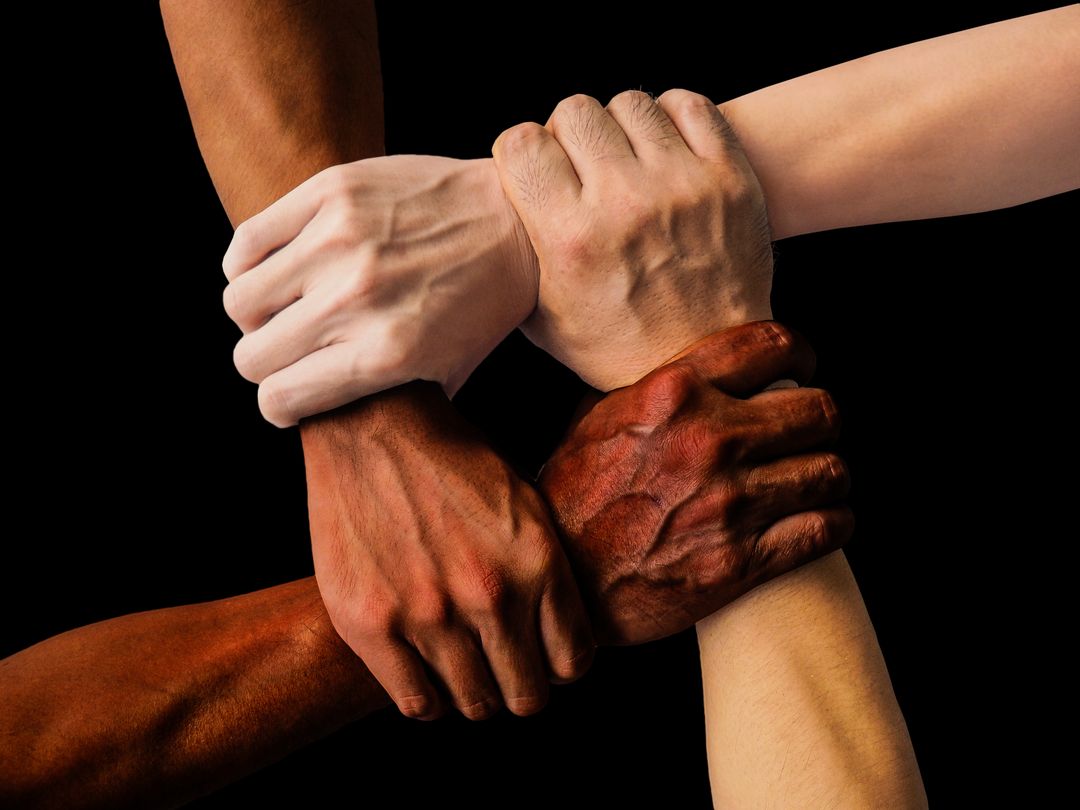 Image of Four People of Different Races Holding Each Others Wrist and Building a Square