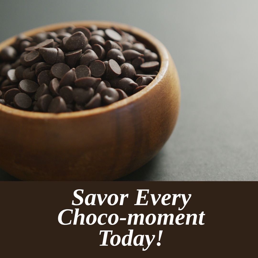 Composite of savor every choco-moment today text over closeup of chocolate chips in bowl - Download Free Stock Templates Pikwizard.com