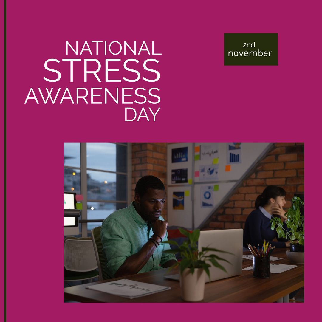 Composition of national stress awareness day text over diverse business people on pink background - Download Free Stock Templates Pikwizard.com