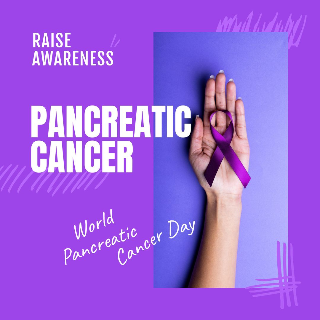 Composition of pancreatic cancer text with hand holding purple ribbon on purple background - Download Free Stock Templates Pikwizard.com