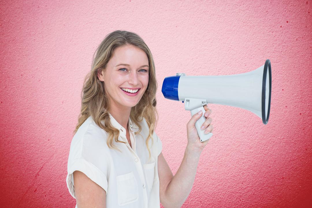Woman smiling with pink background with megaphone
