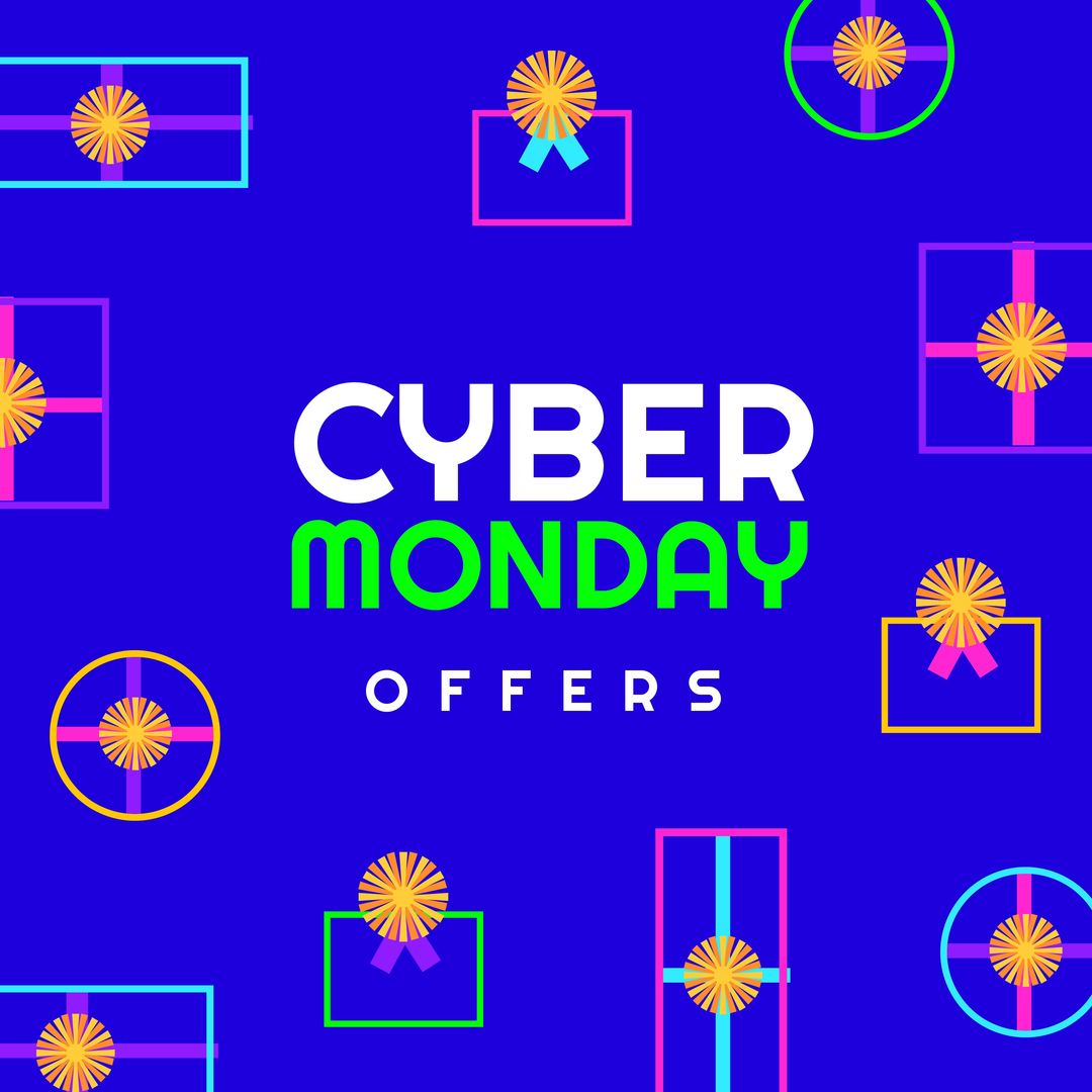 Composition of cyber monday text over shapes on blue background - Download Free Stock Templates Pikwizard.com
