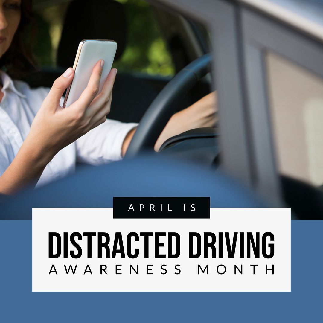 Composition of distracted driving awareness month text over caucasian woman using smartphone in car - Download Free Stock Templates Pikwizard.com