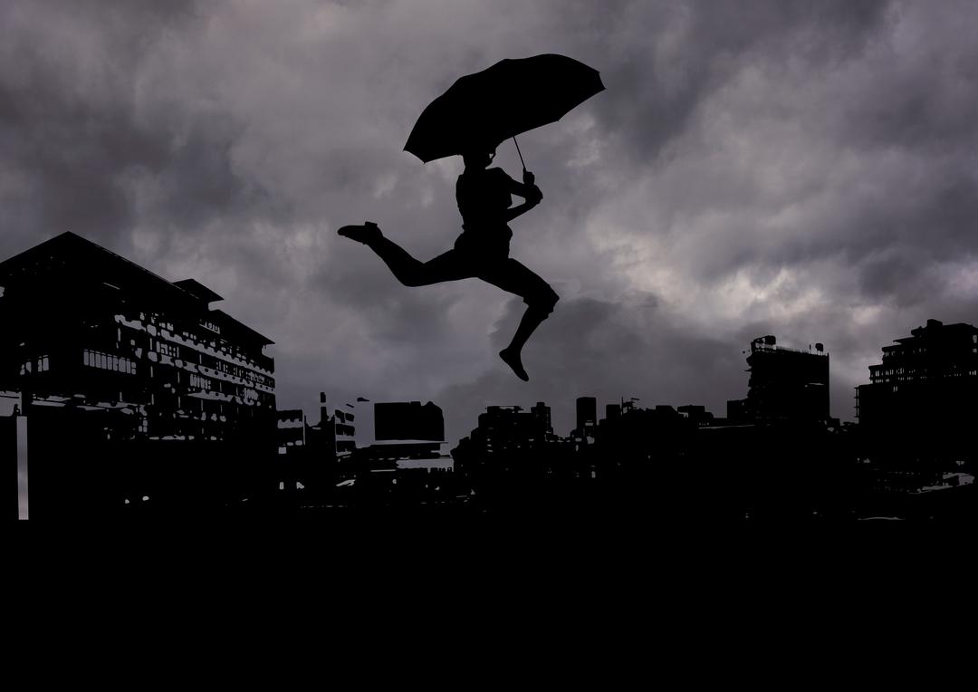 Silhouette of man holding an umbrella against cityscape - Free Images, Stock Photos and Pictures on Pikwizard.com
