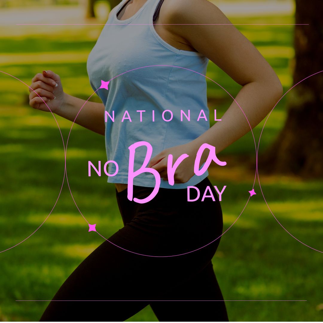 Image of no bra day over midsection of caucasian woman jogging