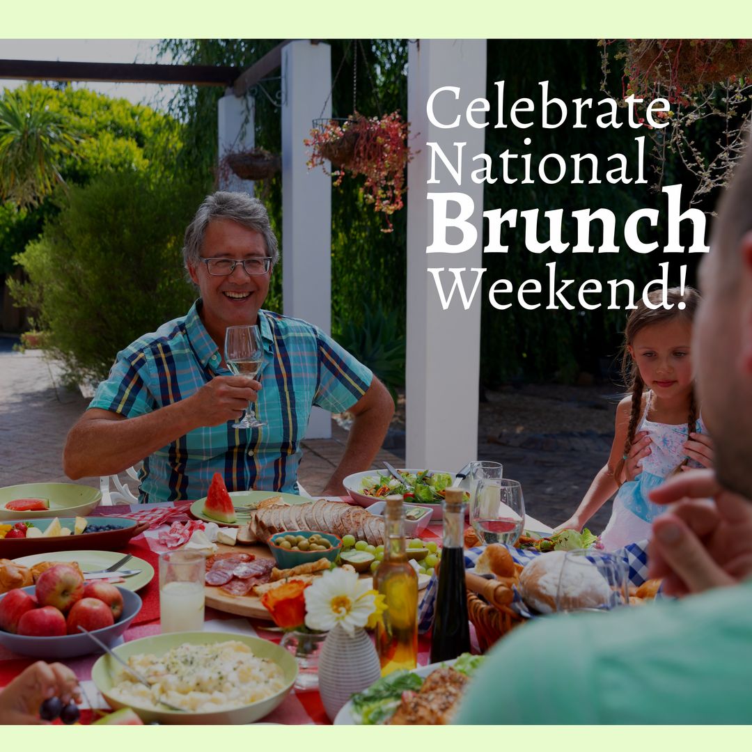 Composition of national brunch weekend text over caucasian family having dinner - Download Free Stock Templates Pikwizard.com