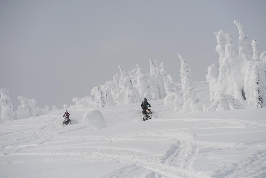 Couple riding snowmobile in snowy alps - Free Images, Stock Photos and Pictures on Pikwizard.com