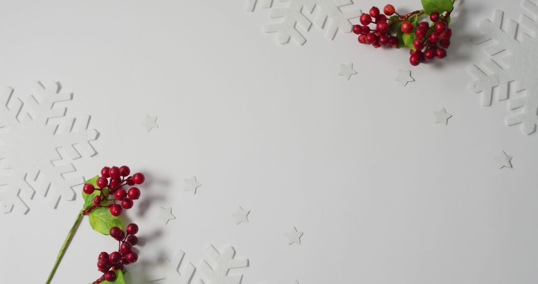 Image of christmas sprigs with red berries, snowflake patterns and copy space on white background - Free Images, Stock Photos and Pictures on Pikwizard.com