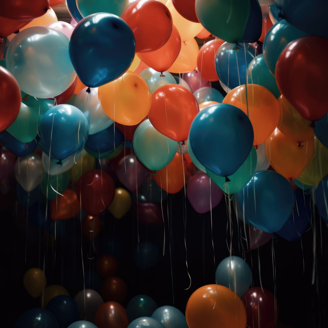 Colourful helium balloons floating with hanging strings, created using  generative ai technology from Pikwizard