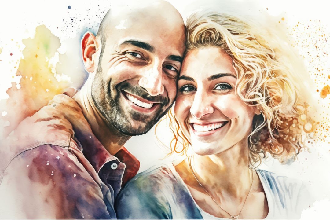 Watercolour portrait of smiling couple, created using generative ai technology - Free Images, Stock Photos and Pictures on Pikwizard.com
