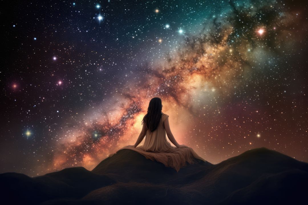 Thoughtful caucasian woman over stars and space, created using generative ai technology - Free Images, Stock Photos and Pictures on Pikwizard.com
