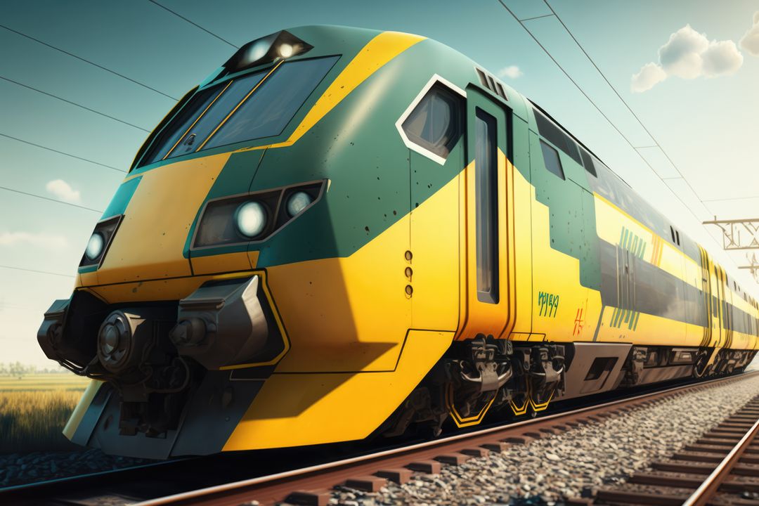Image of modern train on tracks over blue sky, created using generative ai technology - Free Images, Stock Photos and Pictures on Pikwizard.com