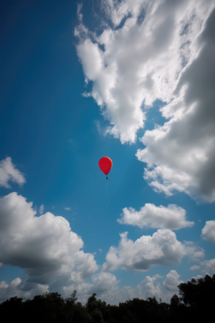 Red balloon in cloudy blue sky over tree tops, copy space, created using generative ai technology - Free Images, Stock Photos and Pictures on Pikwizard.com