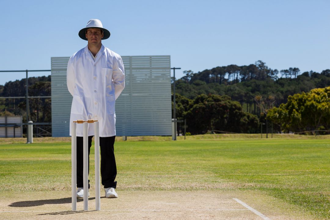 Full length of cricket umpire signalling out during match from Pikwizard