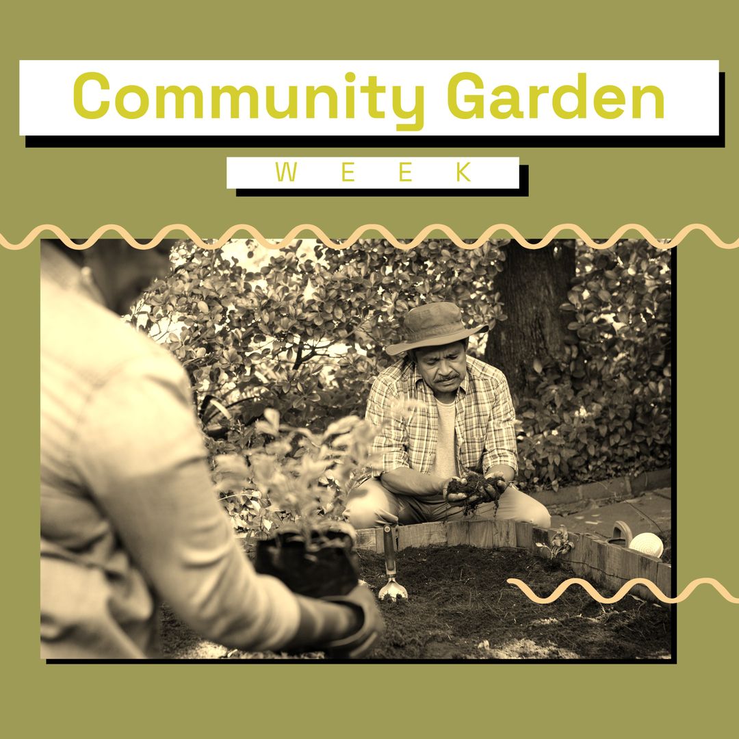 Composition of community garden week text over senior biracial couple gardening - Download Free Stock Templates Pikwizard.com
