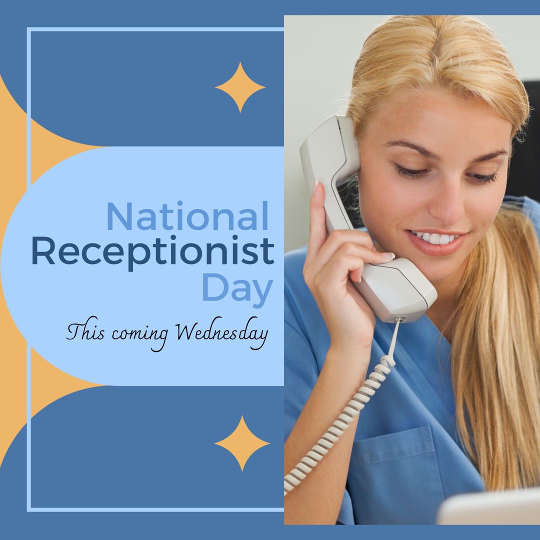 Caucasian woman talking over telephone and national receptionist day, this coming wednesday text - Download Free Stock Templates Pikwizard.com