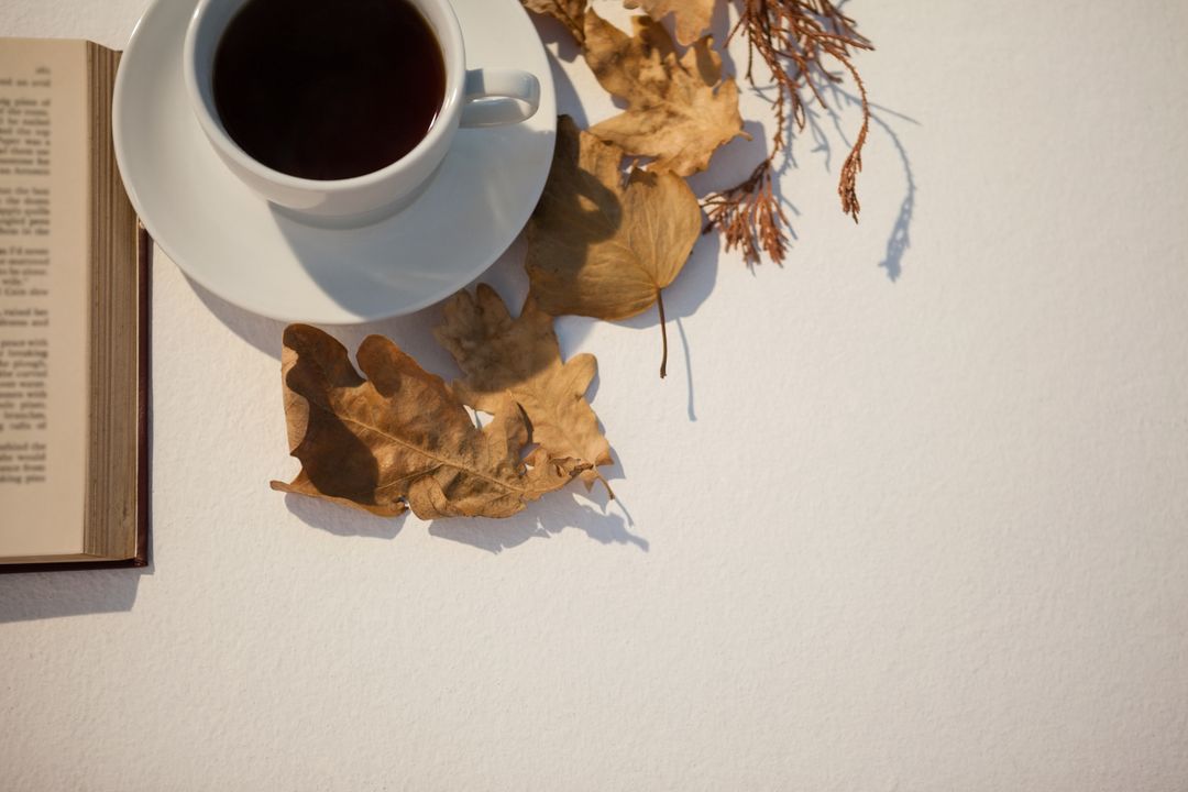 Image of a cup of coffee on a table with brown leaves and a novel
