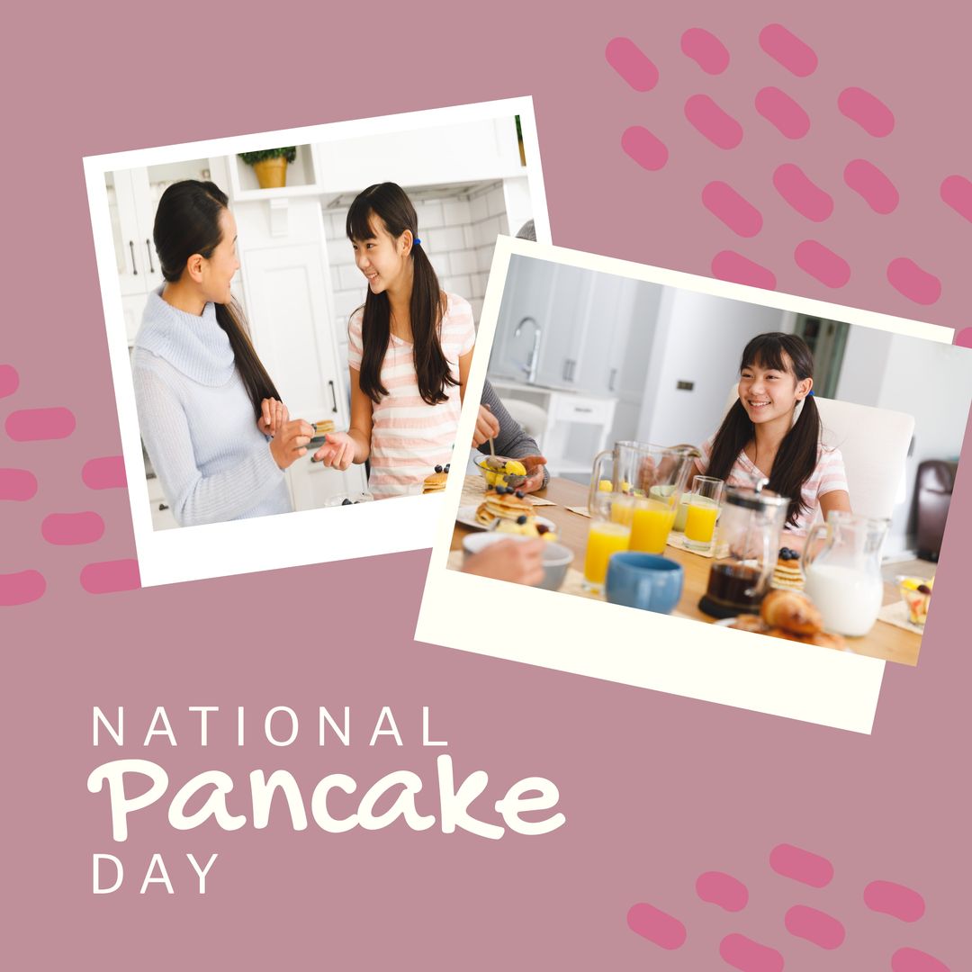Square image of pancake text with happy biracial mother and daughter eating pancakes - Download Free Stock Templates Pikwizard.com