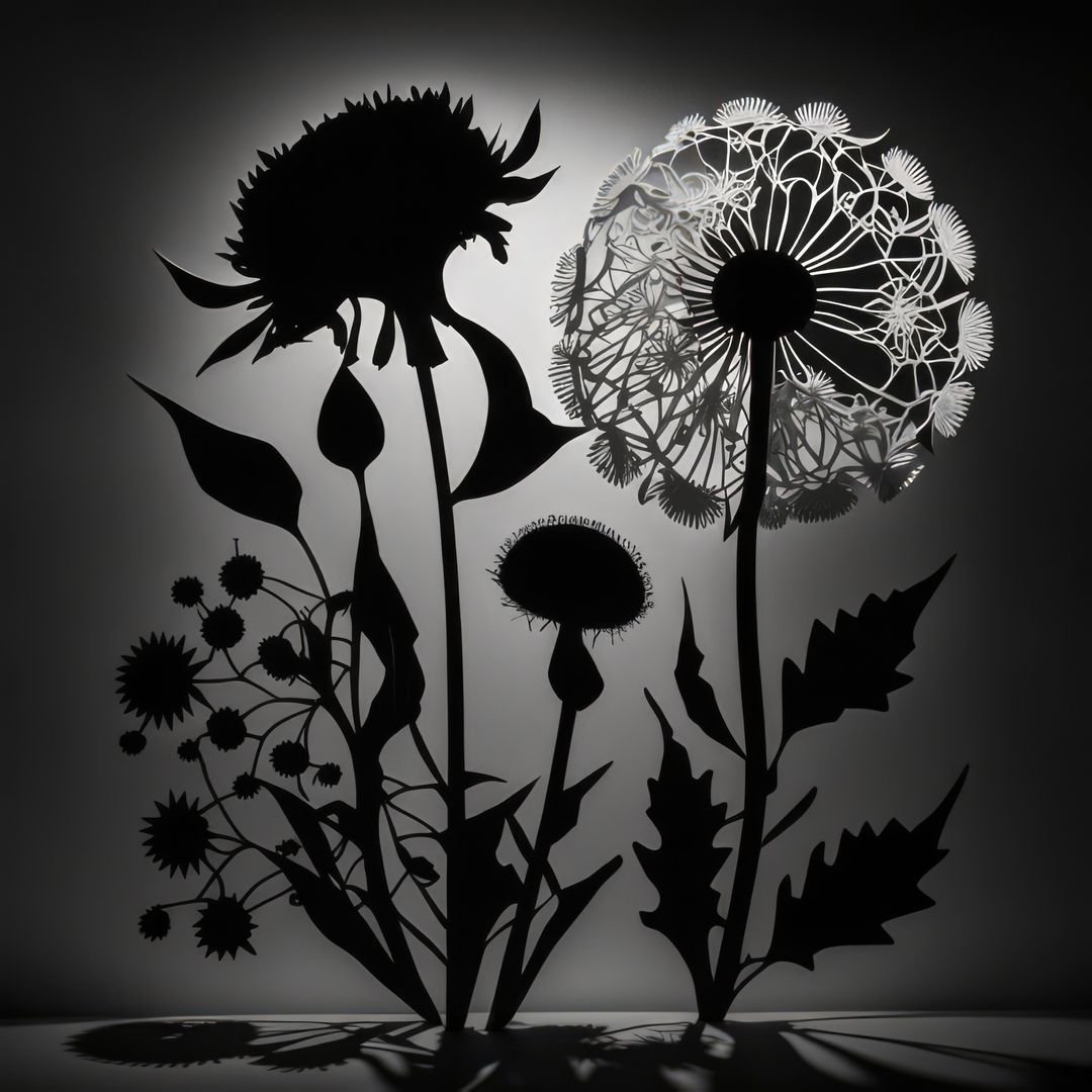 Close up of flower silhouettes on white background, created using  generative ai technology from Pikwizard
