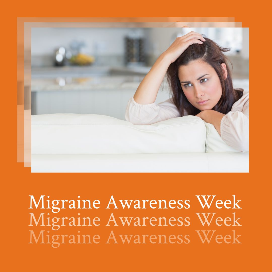 Image of migraine awareness week on orange background and caucasian woman in sofa having headache - Download Free Stock Templates Pikwizard.com