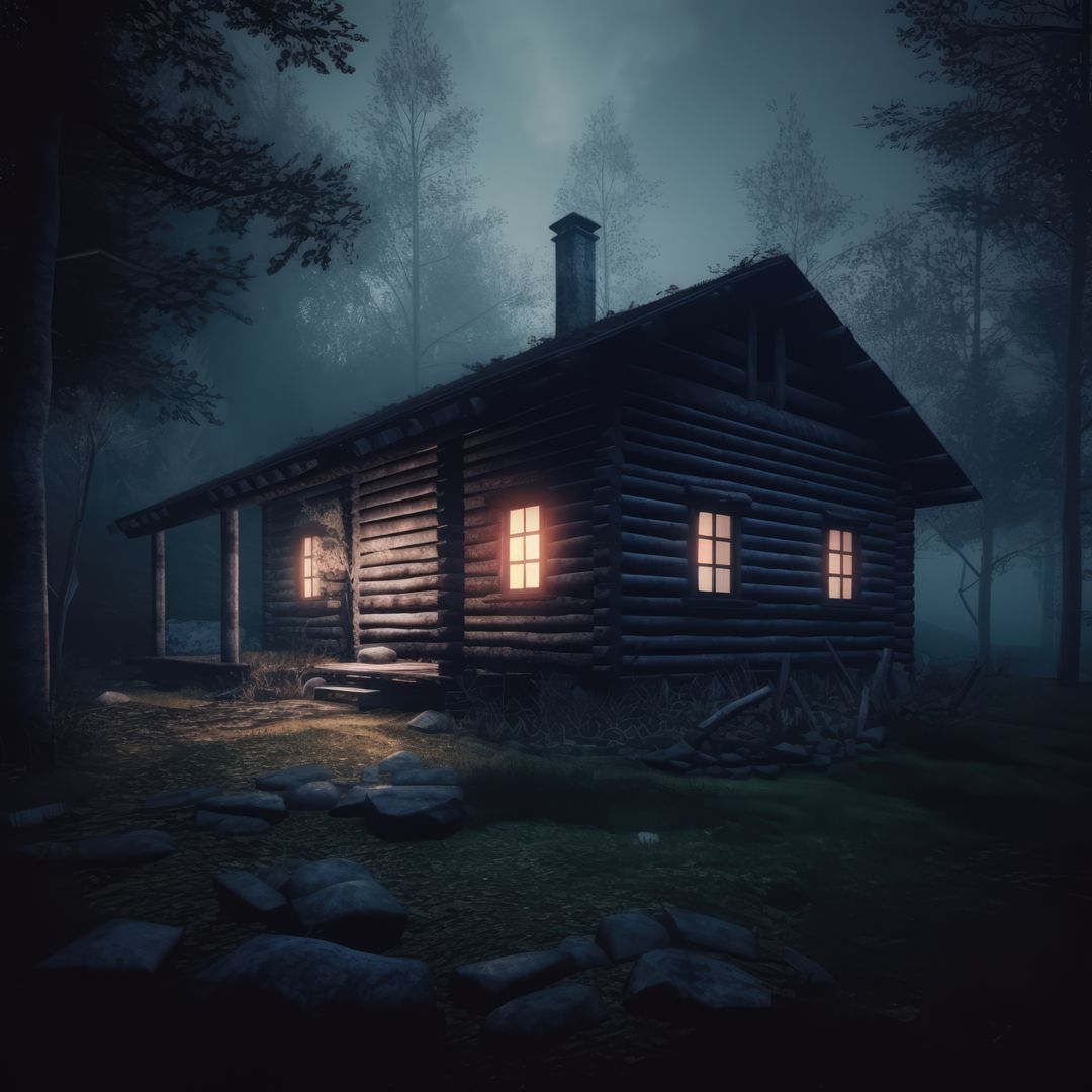 Wooden cabin in forest with lit windows at night, created using generative ai technology - Free Images, Stock Photos and Pictures on Pikwizard.com
