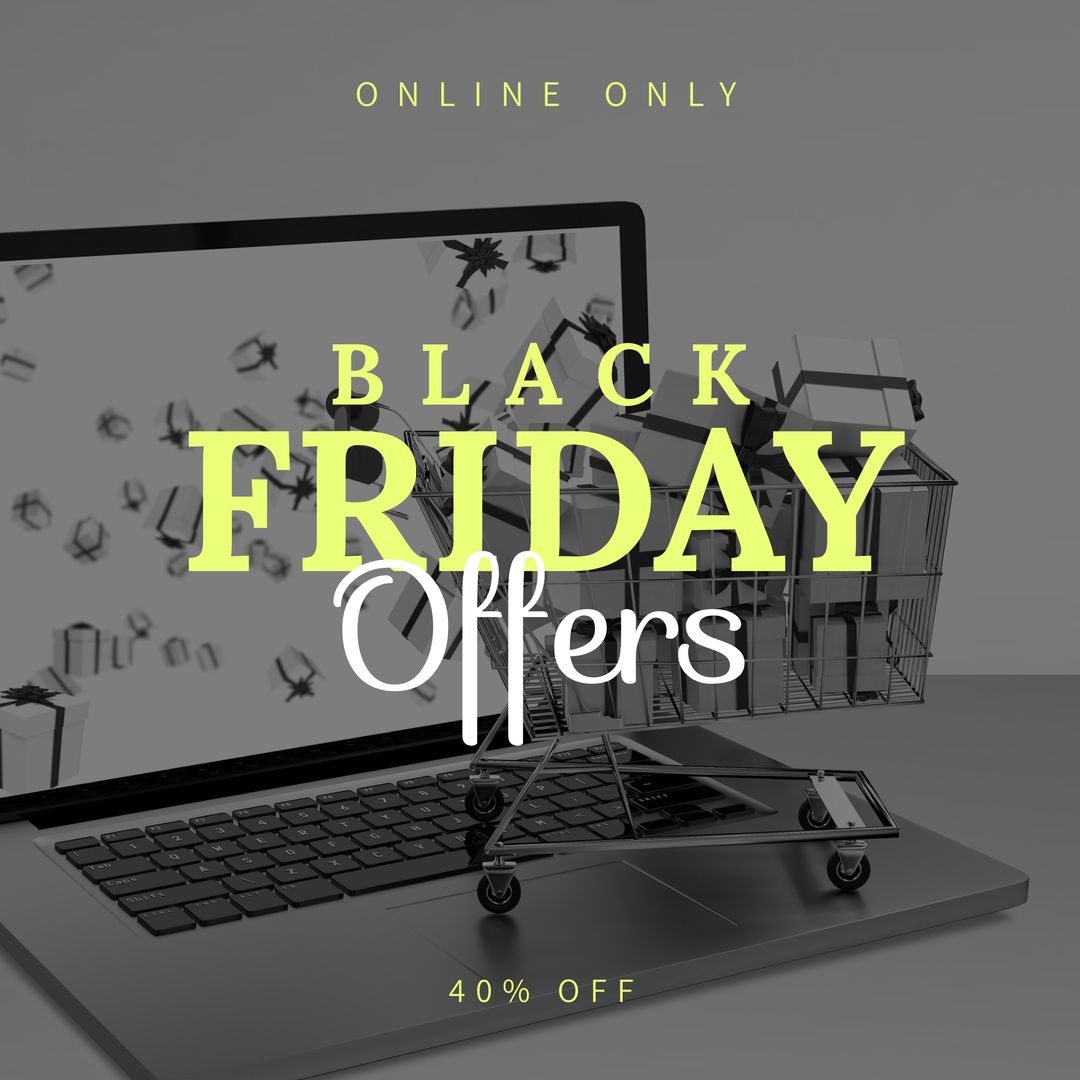 Composition of online only black friday offers 40 percent off text over laptop and presents - Download Free Stock Templates Pikwizard.com