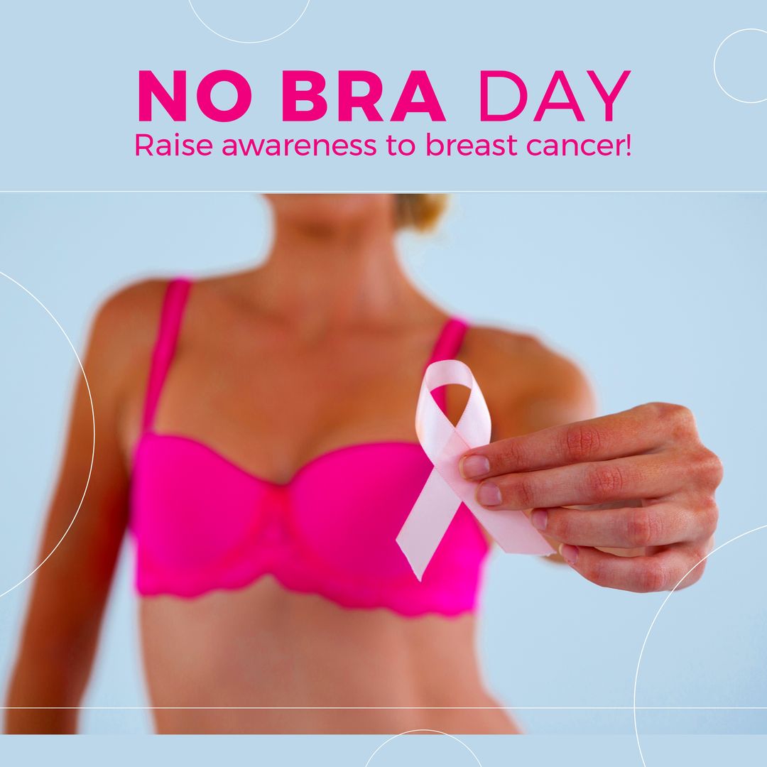 Image of no bra day on blue background and hands of caucasian woman and  pink ribbon from Pikwizard