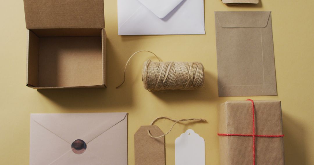 Image of box, envelopes, tags and string on green background - Free Images, Stock Photos and Pictures on Pikwizard.com